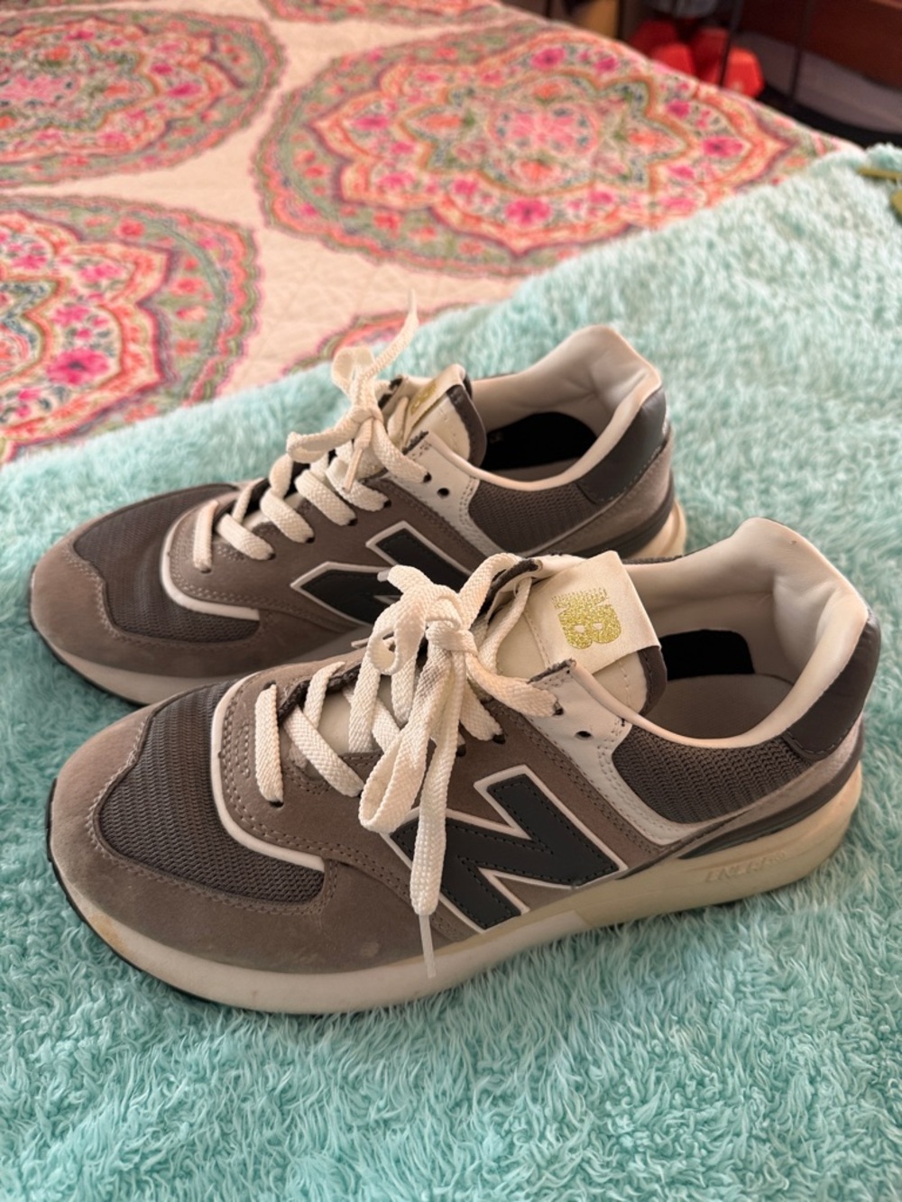 New Balance Gray Suede & Mesh Sneakers with Cream Accents